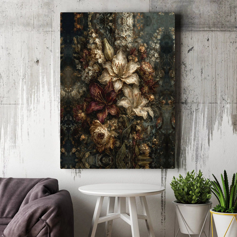 Dark Moody Floral Canvas Wall Art | Vintage Lily Still Life Oil Painting Style | Premium 1.25" Gallery Wrap | Gothic Home Decor Statement Piece