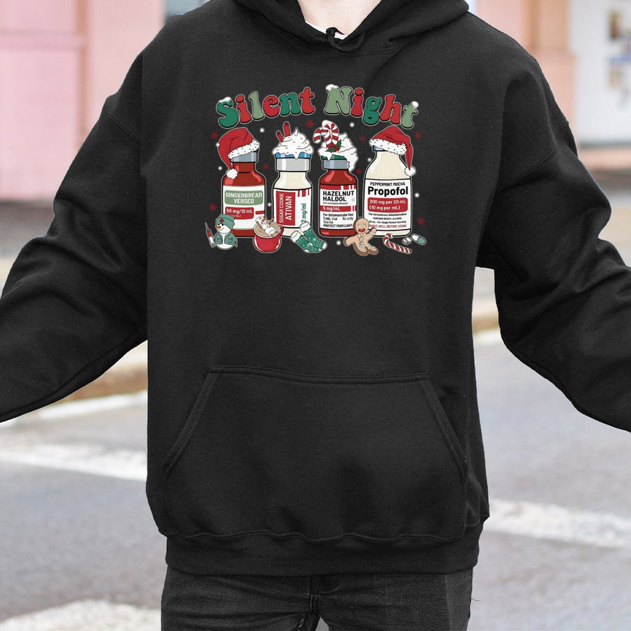 Silent Night Christmas Hoodie | Funny Medical Nurse Holiday Sweatshirt | Soft Cotton-Blend Premium Apparel | Gift for ICU Nurses & Medical Professionals