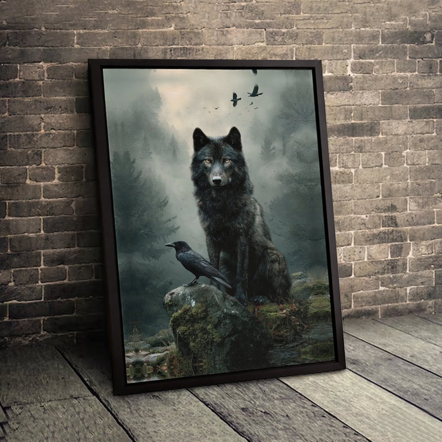 Black Wolf and Raven Wall Art | Misty Forest Gothic Animal Print | Premium 1.25-Inch Gallery Canvas | Nature Lover Home Decor Gift