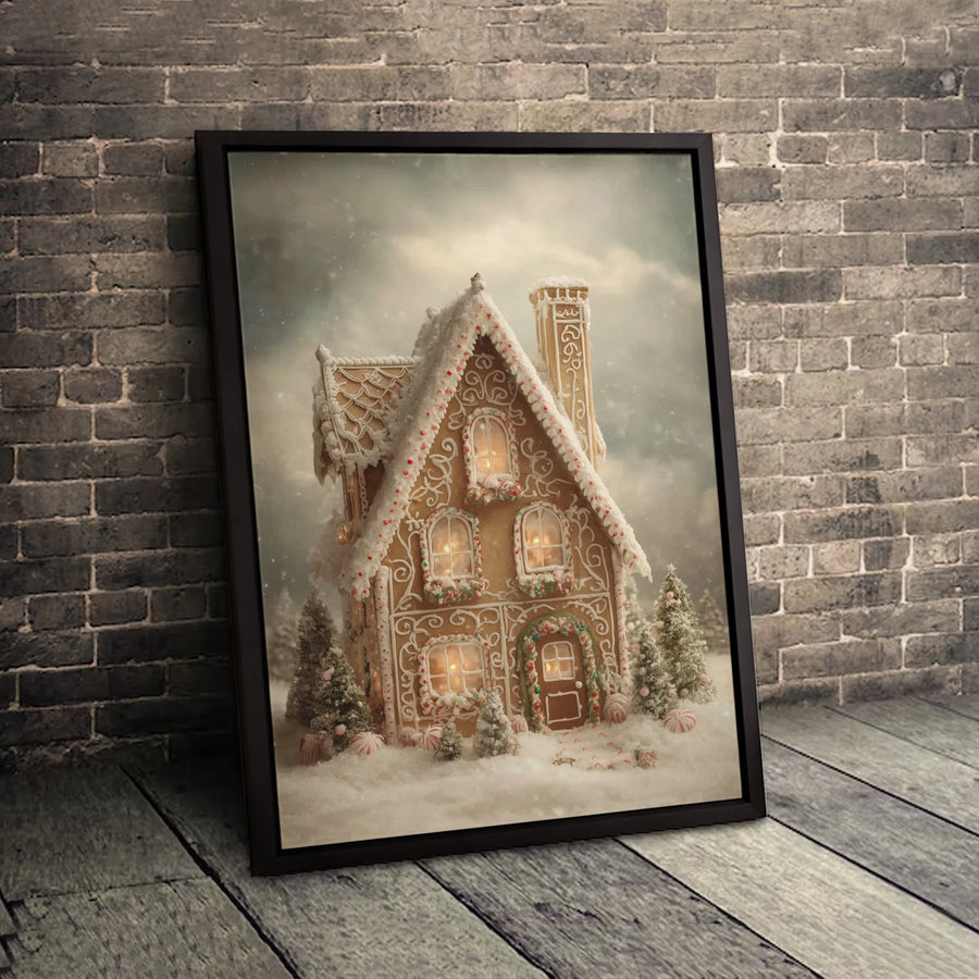 Gingerbread House Christmas Canvas Wall Art | Snowy Holiday Home Decor | Premium Fade-Resistant Print | Festive Seasonal Gift for Family