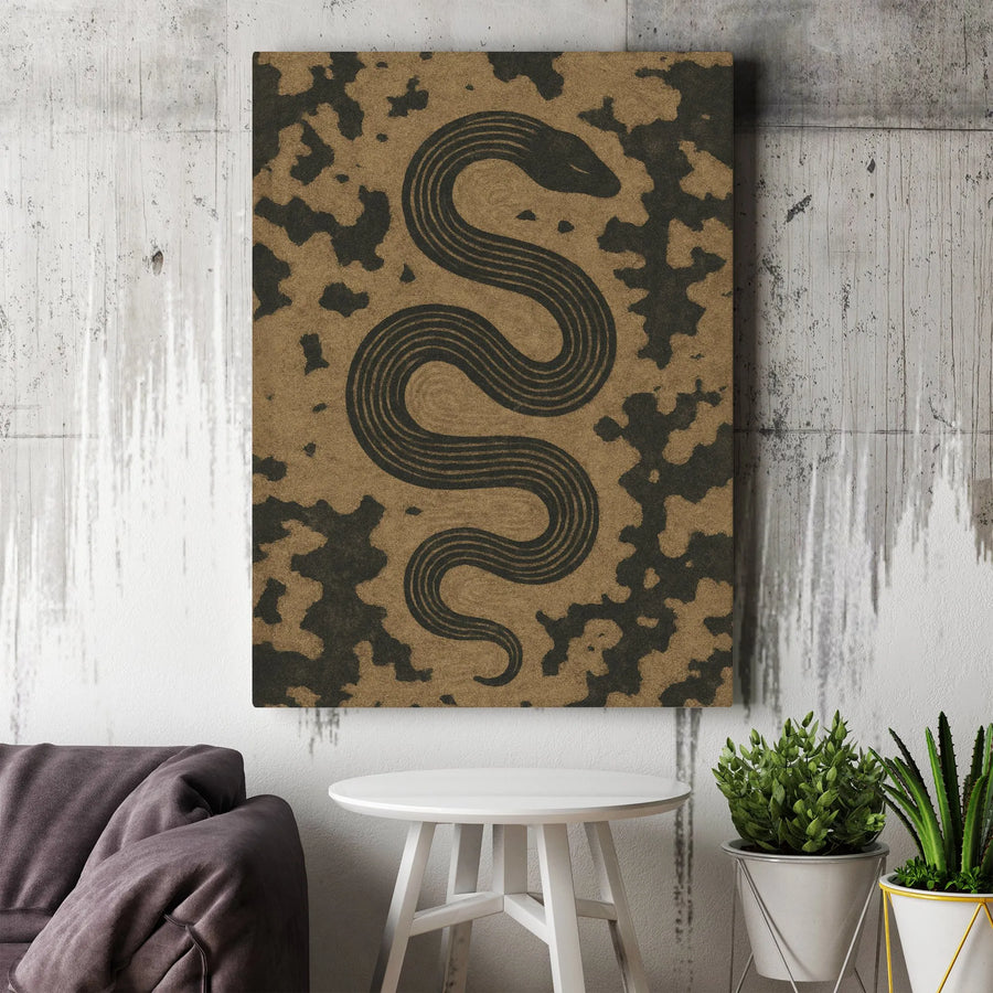 Snake Wall Art Canvas | Modern Linocut Botanical Illustration | Premium Gallery Wrapped Print | Boho Minimalist Home Decor Gift