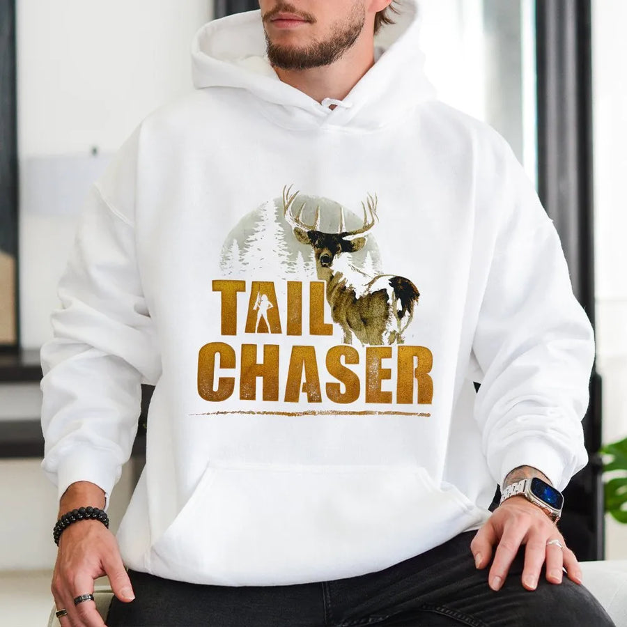 Tail Chaser Deer Hunting Hoodie | Retro Whitetail Buck Graphic | Premium Cotton Blend | Gift for Hunter & Outdoor Enthusiast