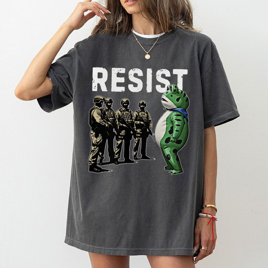 Resist Frog Graphic T-Shirt | Portland Protest Art Design | 100% Cotton Premium Tee | Unisex Activist Apparel Gift
