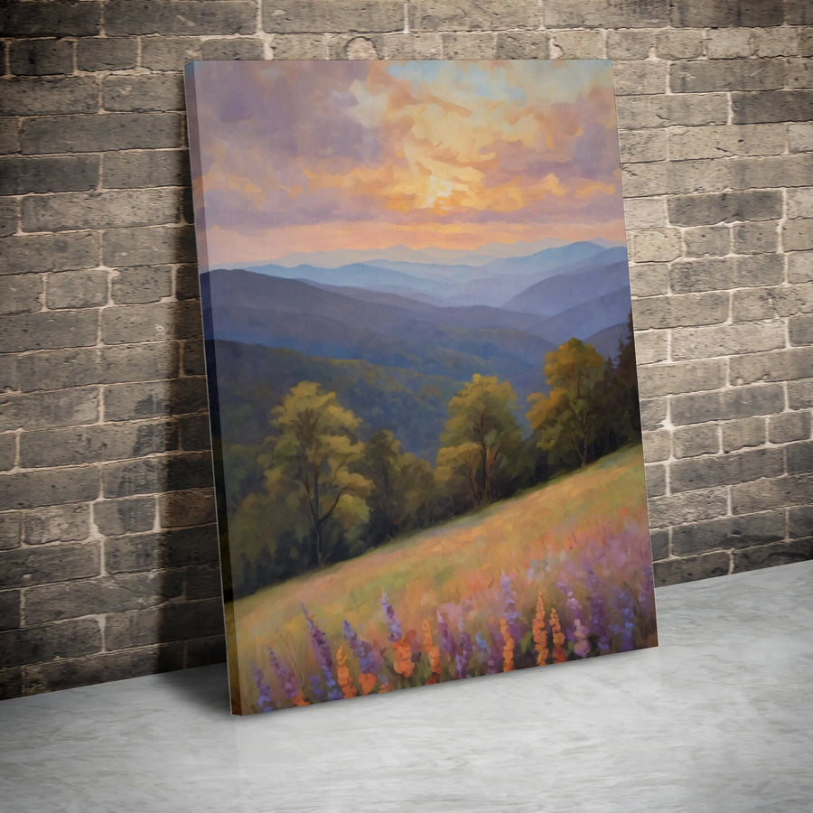Mountain Sunset Canvas Wall Art | Impressionist Wildflower Meadow Landscape | 1.25-Inch Gallery Wrap Print | Nature Lover Home Decor Gift