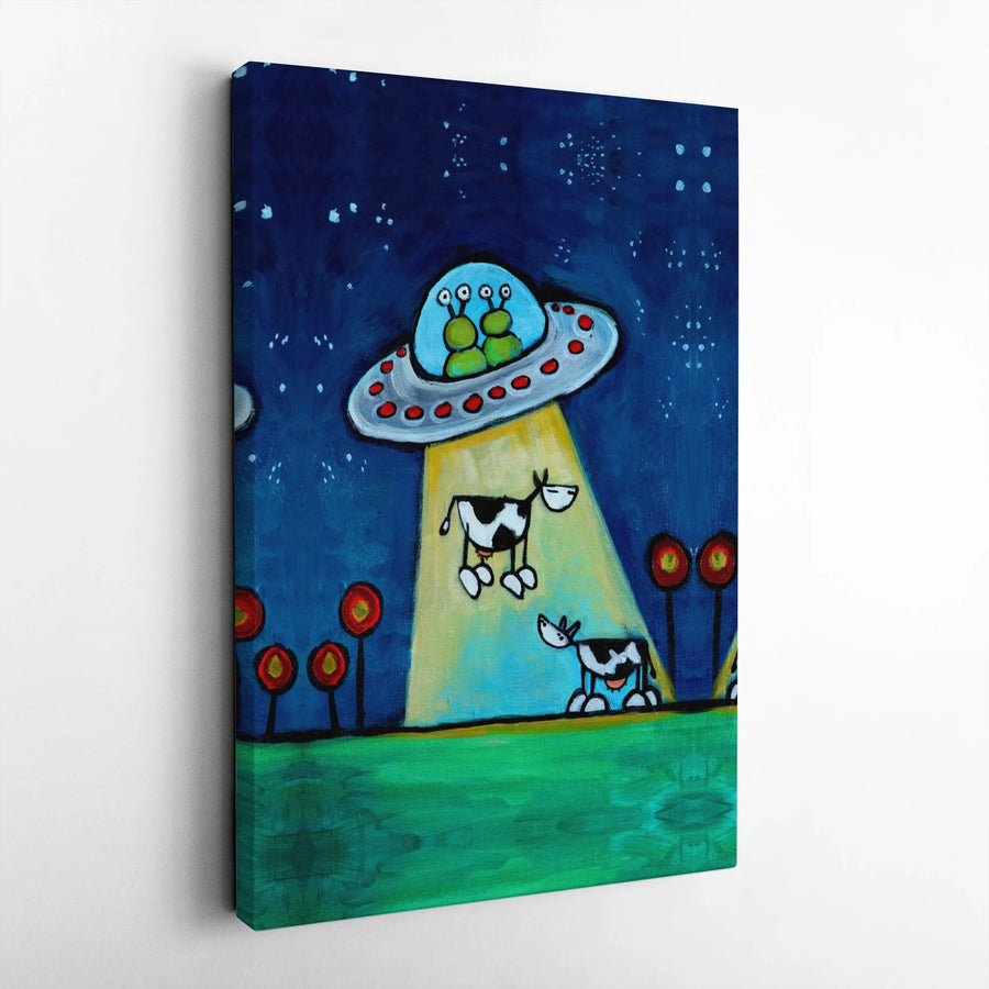 UFO Cow Abduction Canvas Print | Whimsical Alien Space Art | Premium Gallery Wrapped Decor | Funny Farmhouse Sci-Fi Wall Art Gift