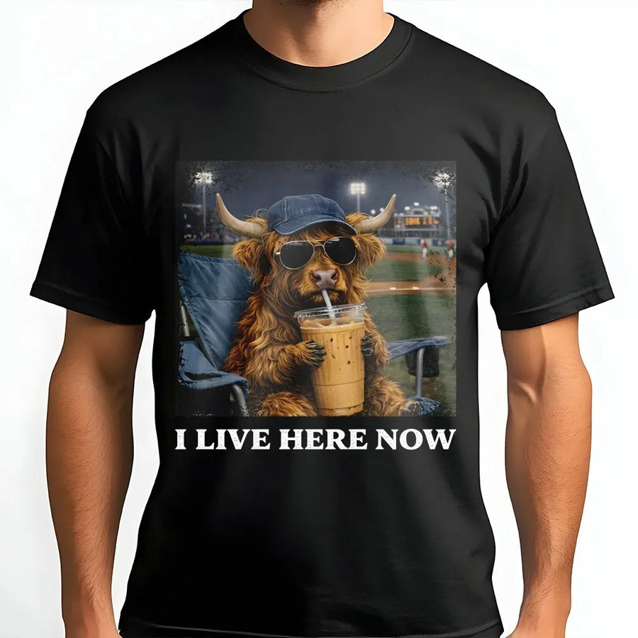 Highland Cow Baseball T-Shirt | Funny 'I Live Here Now' Graphic | Soft Cotton Blend | Gift for Baseball and Softball Moms