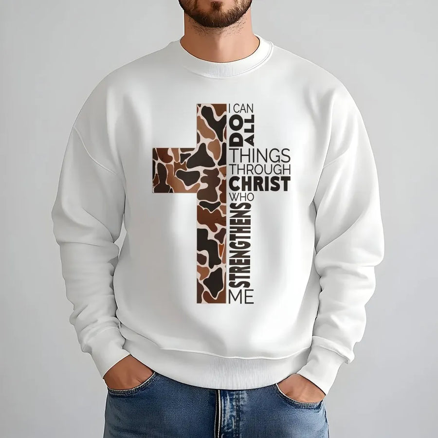 Philippians 4:13 Sweatshirt | Camo Cross Graphic Sweatshirt | Premium Cotton-Poly Blend | Religious Faith Gift for Men and Women