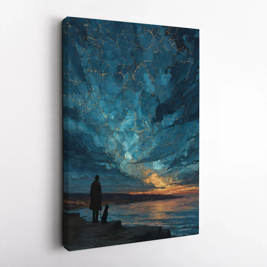 Man and Dog Landscape Canvas Print | Abstract Gold Veined Night Sky Wall Art | Premium Gallery Wrap Decor | Gift for Pet Lovers and Home Office