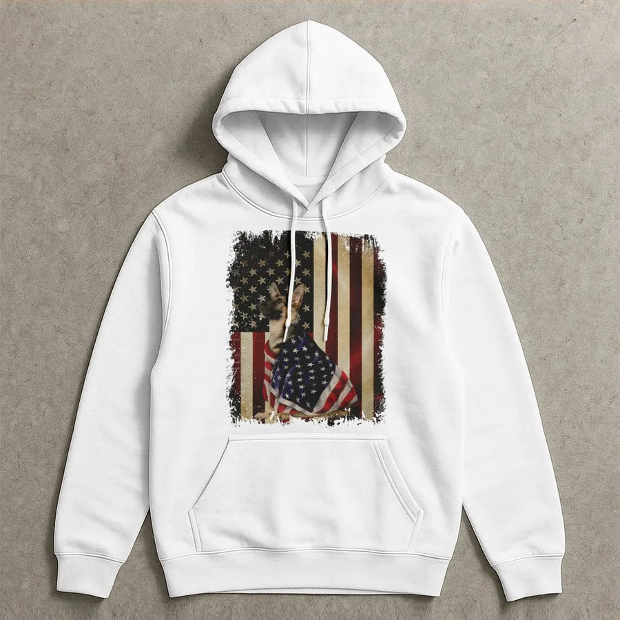 German Shepherd American Flag Hoodie | Patriotic Dog Lover Graphic Sweatshirt | Cotton Blend Premium Pullover | Gift for Men and Women