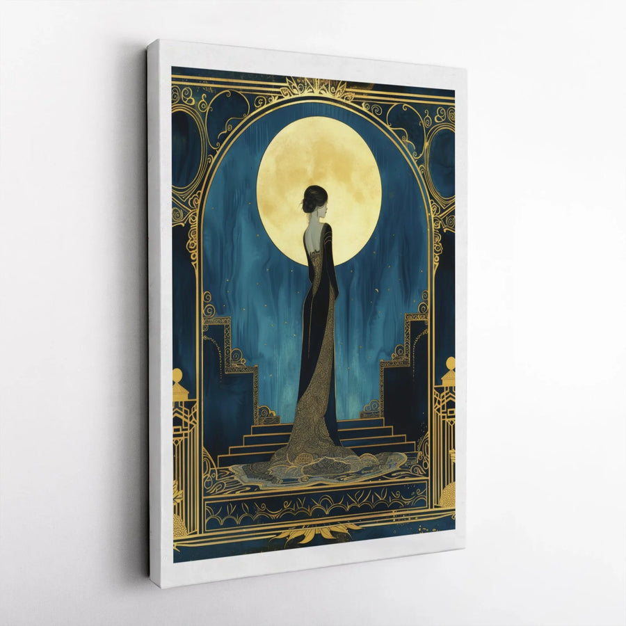 Art Deco Woman Canvas Print | Elegant Full Moon Wall Art | Premium 1.25-Inch Gallery Wrap | Sophisticated Home Decor Gift