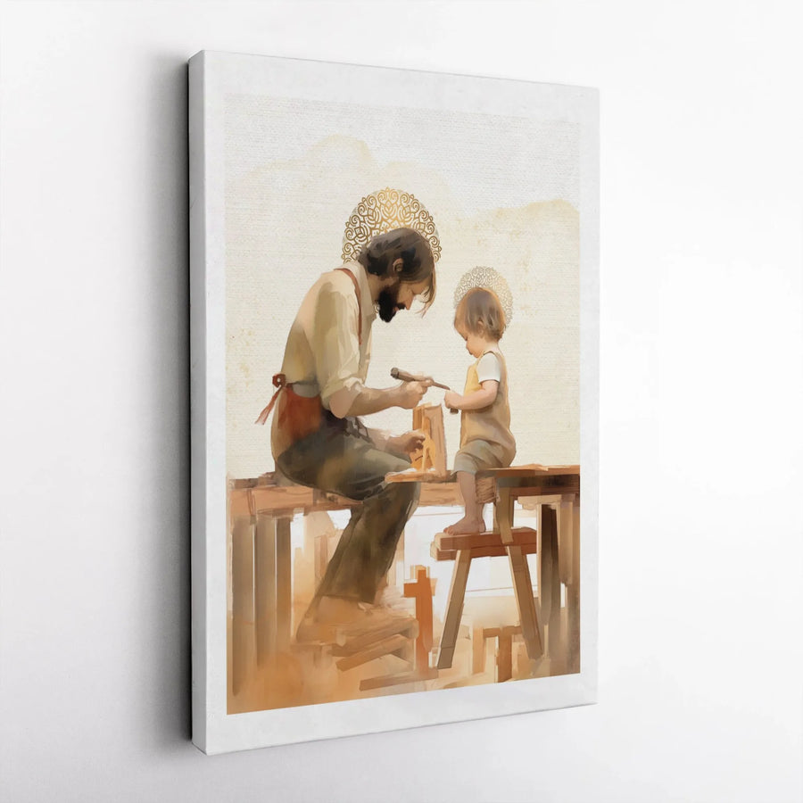 Saint Joseph and Child Jesus Canvas Print | Sacred Carpenter Art | 1.25-Inch Gallery Wrap | Christian Home Decor Gift for Nursery or Office
