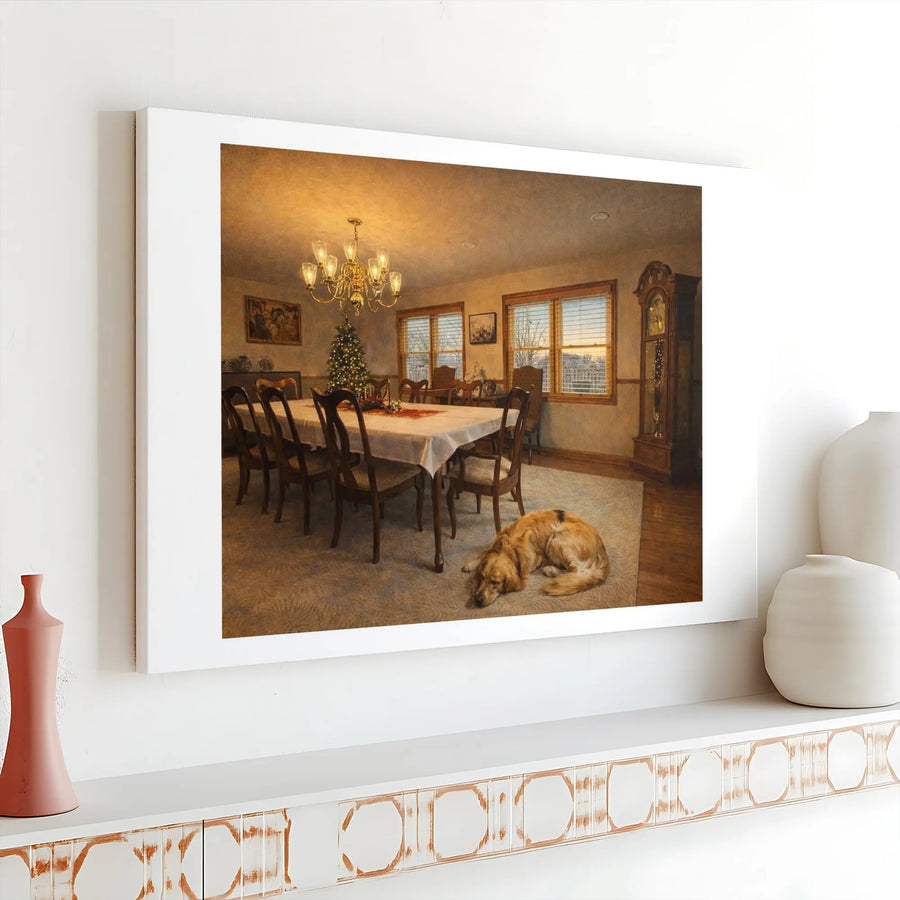 Golden Retriever Christmas Canvas Art | Cozy Holiday Dining Room Scene | Premium Gallery Wrap Print | Festive Home Decor Gift for Dog Lovers