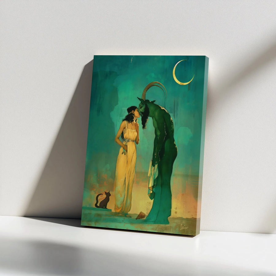 Mythological Fantasy Canvas Wall Art | Siren Kissing Faun God Surrealism | Gallery Wrap Premium Print | Gothic Home Decor Gift for Mythology Fans