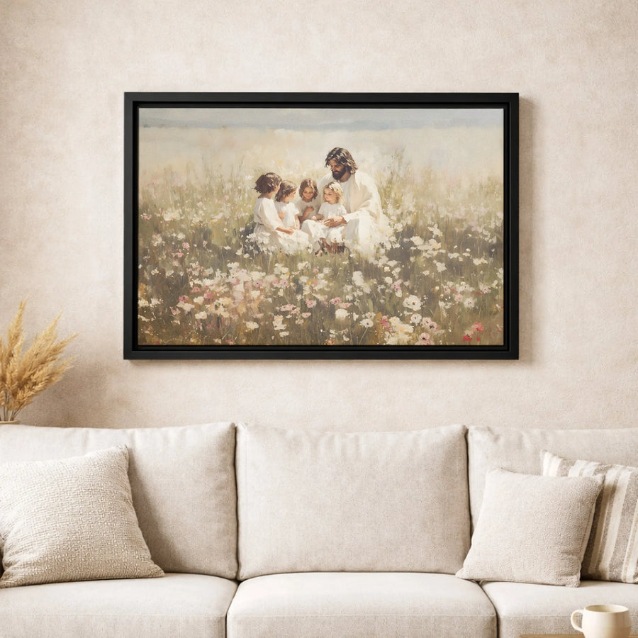 Jesus With Children In Wildflower Field Canvas | Christian Wall Art Print | Premium Gallery Wrap | Religious Home Decor Gift