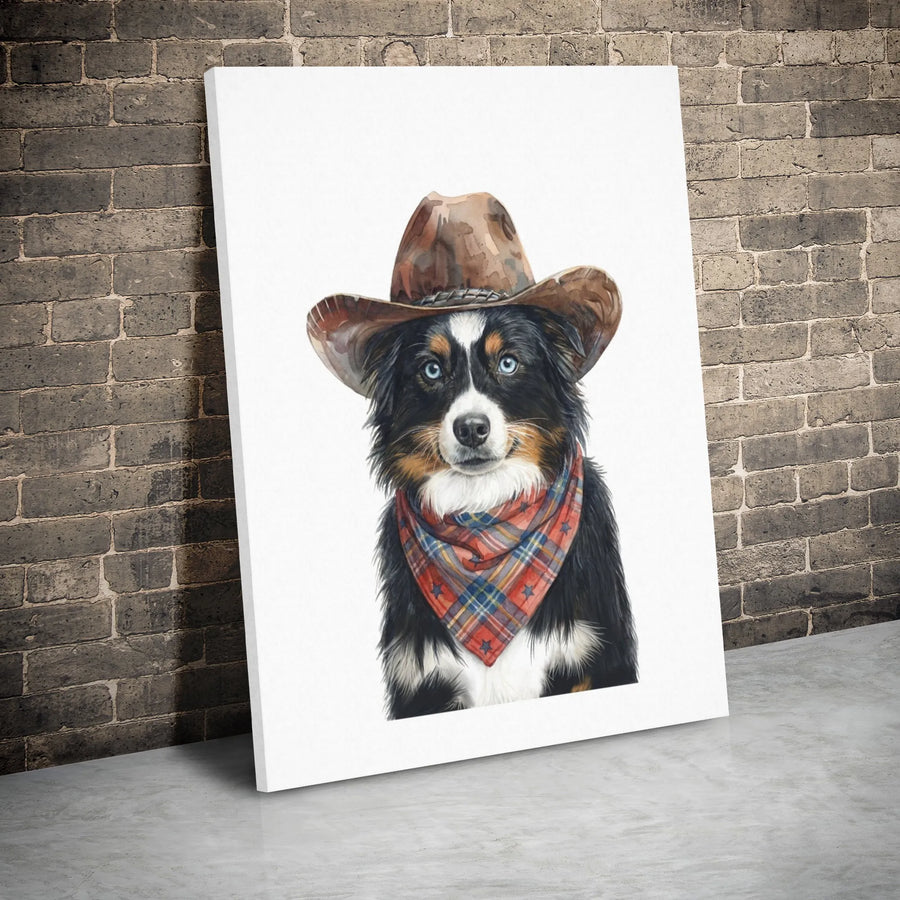 Australian Shepherd Wall Art | Cowboy Dog Watercolor Painting | Premium Gallery Wrapped Canvas | Western Farmhouse Decor Gift