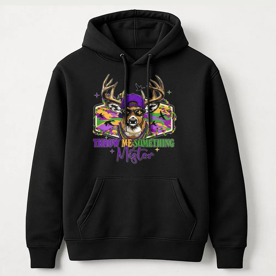 Mardi Gras Deer Hoodie | Throw Me Something Mister Graphic | Cotton-Poly Blend Premium Apparel | Funny New Orleans Hunting Gift