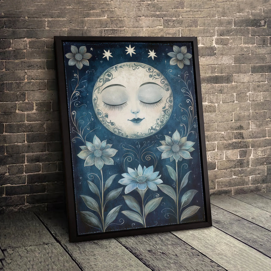 Celestial Sleeping Moon Canvas Wall Art | Whimsical Floral Starry Night Print | Premium Gallery-Wrapped Decor | Boho Witchy Bedroom Gift