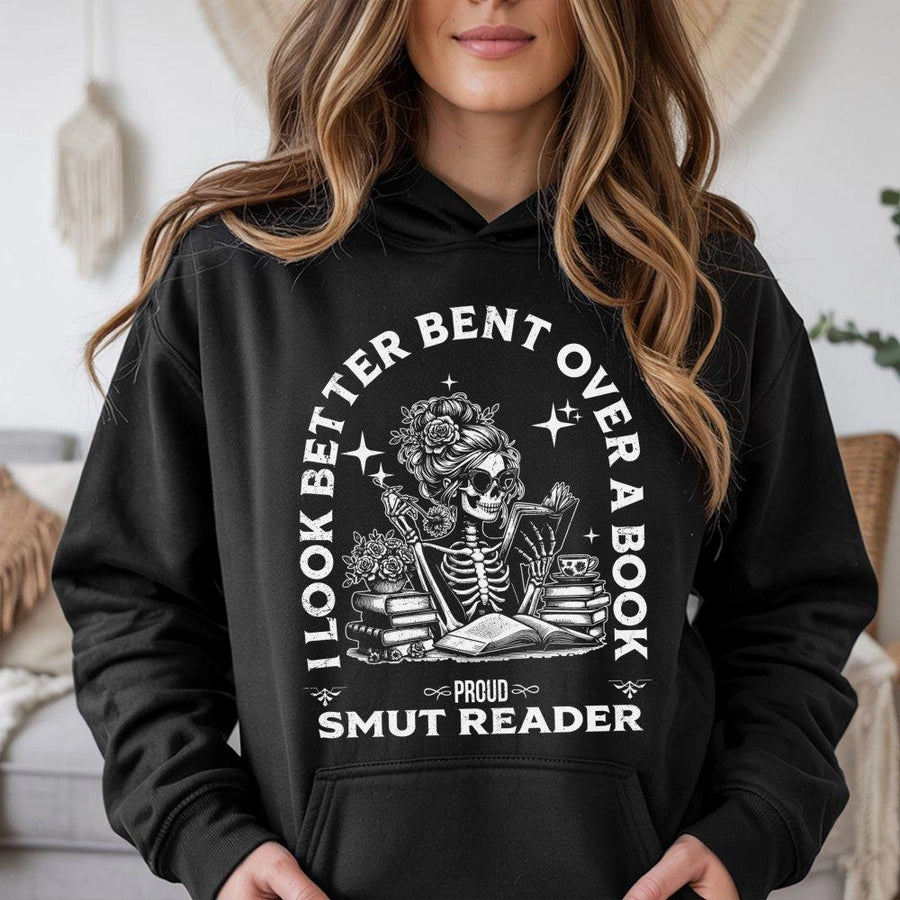 Smut Reader Hoodie | Funny Book Lover Skeleton Graphic | Premium Cotton Blend Cozy Sweatshirt | Gift For Dark Romance Readers Women