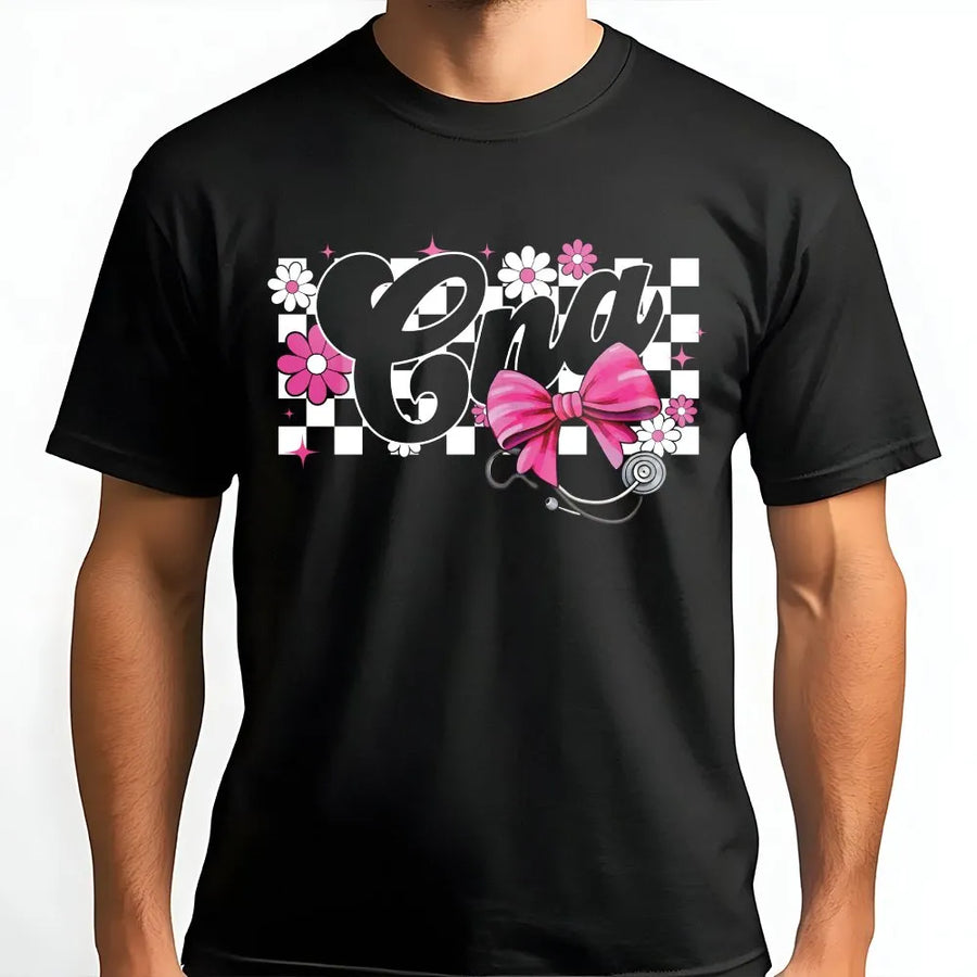 CNA Nurse T-Shirt | Coquette Bow and Retro Floral Graphic | Premium 100% Cotton | Aesthetic Gift for Nursing Students and Certified Nursing Assistants
