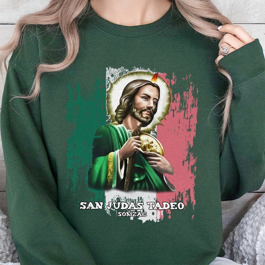 San Judas Tadeo Sweatshirt | Mexican Flag Religious Icon Graphic | Premium Cotton Blend Crewneck | Catholic Faith Gift for Men and Women