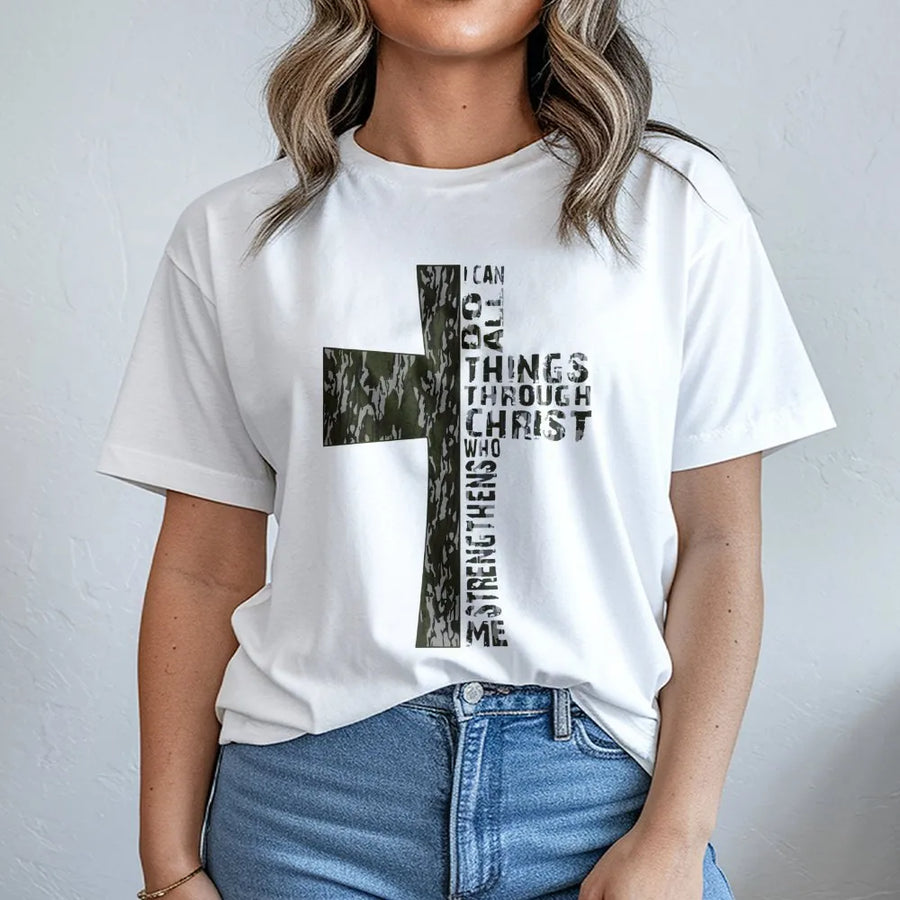 Christian Cross T-Shirt | Philippians 4:13 Bible Verse Camo Design | 100% Cotton Premium Tee | Inspirational Religious Gift for Men and Women