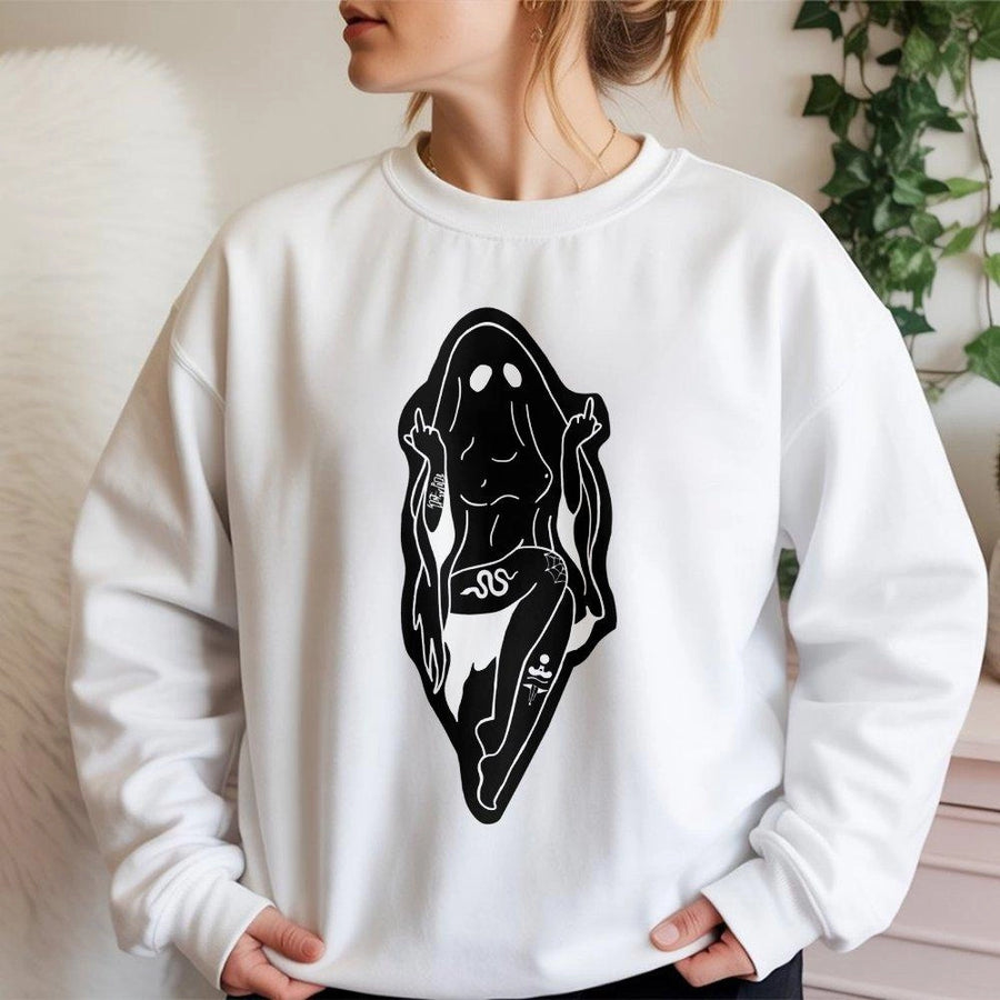 Ghost Graphic Sweatshirt | Edgy Tattoo Style Middle Finger Design | Cotton Blend Crewneck | Unisex Alternative Apparel Gift