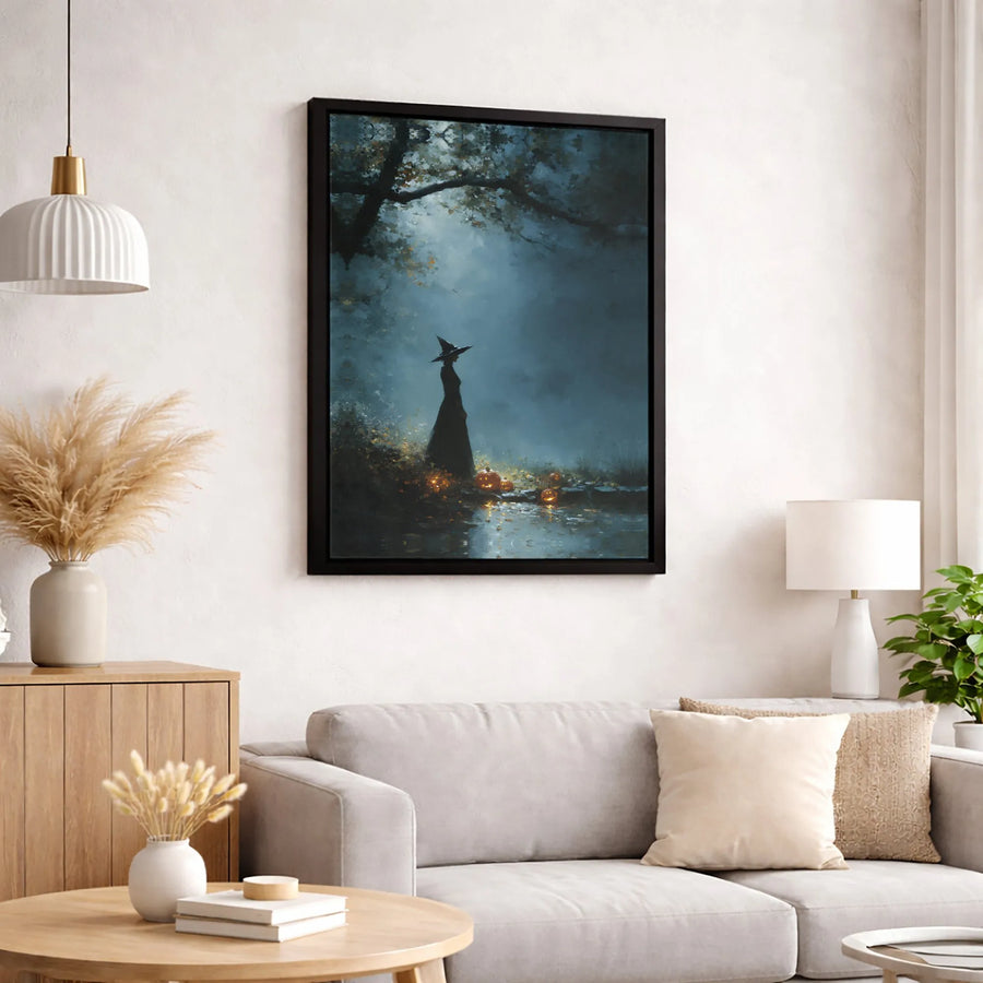 Halloween Witch Canvas Wall Art | Dark Forest Jack-O'-Lantern Decor | Premium 1.25" Gallery Wrap | Spooky Seasonal Home Gift