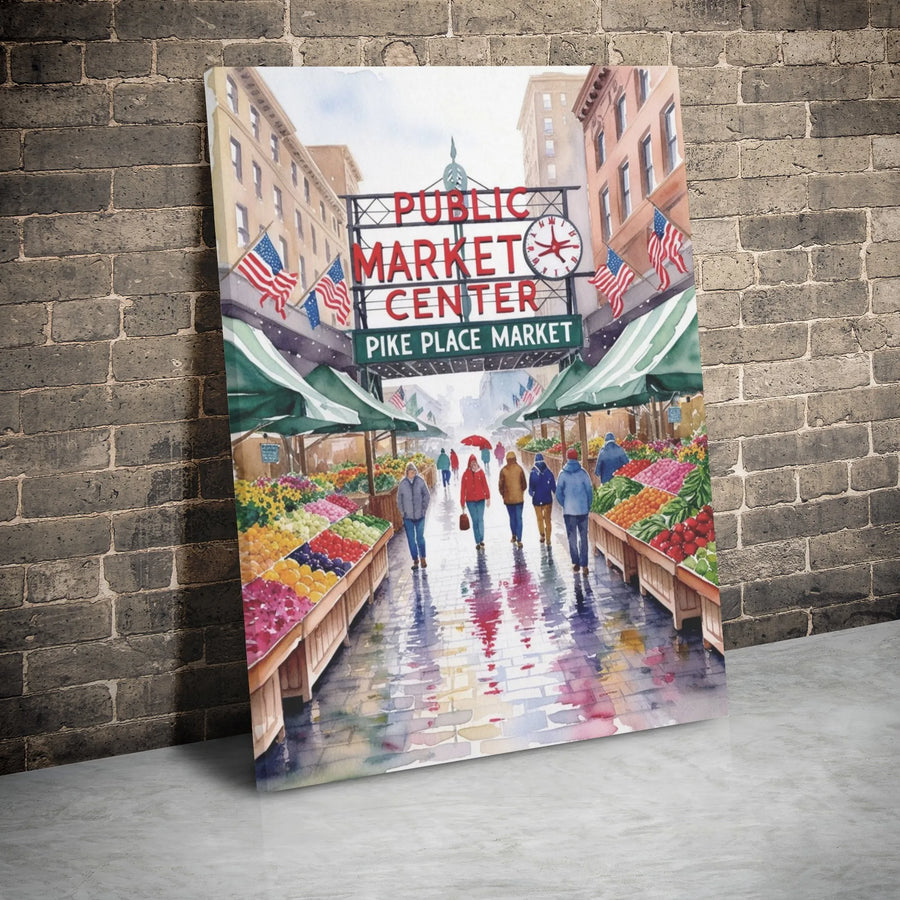 Pike Place Market Seattle Canvas Print | Watercolor Public Market Center Wall Art | 1.25" Premium Gallery Wrap | Home Office Decor Gift