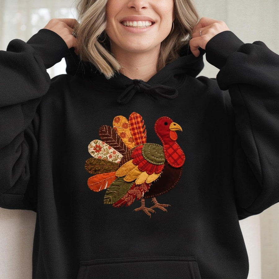 Patchwork Turkey Thanksgiving Hoodie | Faux Embroidery Farmhouse Fall Aesthetic | Premium Cotton Blend Sweatshirt | Cozy Seasonal Gift for Her