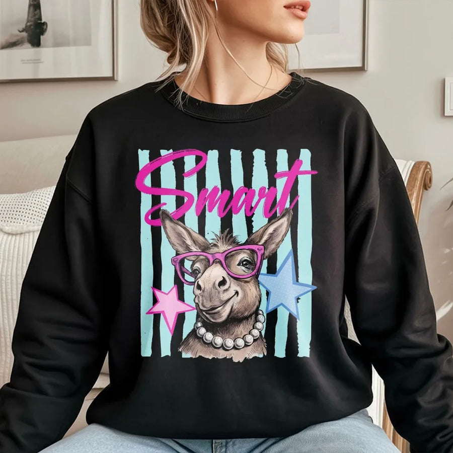 Smart Donkey Sweatshirt | Retro 80s Nerdy Animal Graphic Pullover | Premium Cotton Blend | Funny Gift for Farm Animal Lover