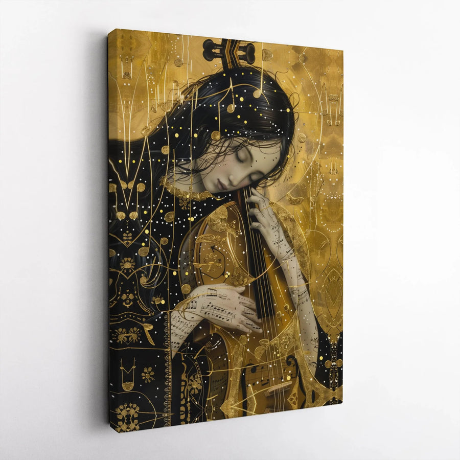 Golden Muse Cello Canvas Art | Abstract Musical Notes Illustration | Premium Thick Gallery Wrap | Gift for Musician Home Decor