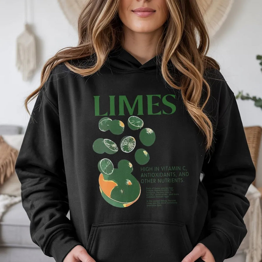 Limes Fruit Hoodie | Retro Botanical Typography Graphic | Premium Cotton Blend | Aesthetic Foodie Gift for Men and Women