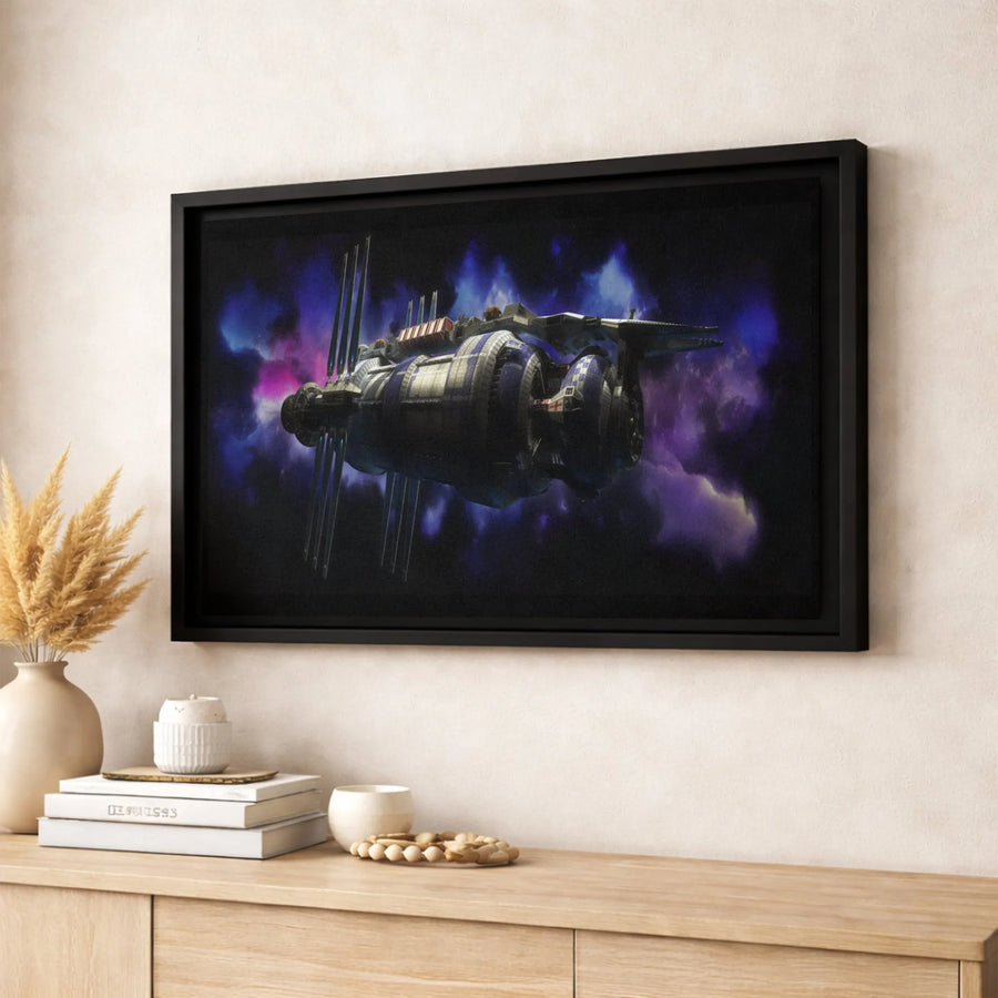 Sci-Fi Spaceship Canvas Wall Art | Purple Nebula Galaxy Print | Premium Gallery Wrapped Decor | Modern Space Travel Gift For Him