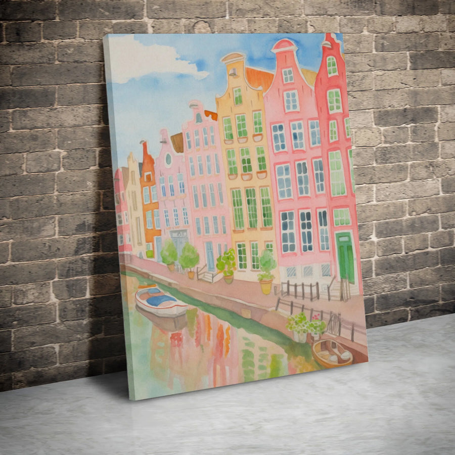 Amsterdam Canal Houses Canvas Art | Watercolor European City Print | Premium Fade-Resistant Wall Decor | Travel Lover Housewarming Gift