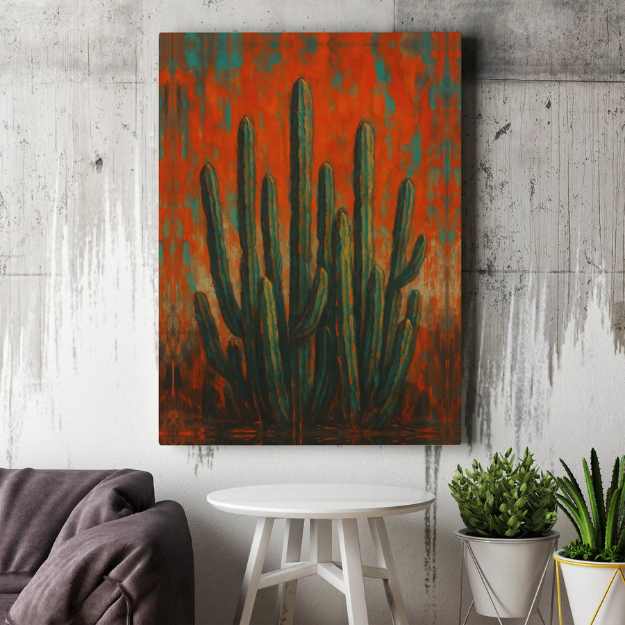 Southwestern Cactus Canvas Wall Art | Rustic Teal and Orange Desert Print | 1.25" Premium Gallery Wrap | Modern Home Office Decor Gift