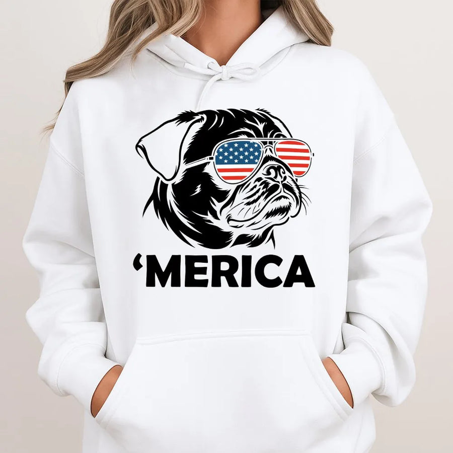 Patriotic Doodle Hoodie | Funny 'Merica Dog with American Flag Sunglasses | Premium Cotton Tee | 4th of July Gift for Dog Mom