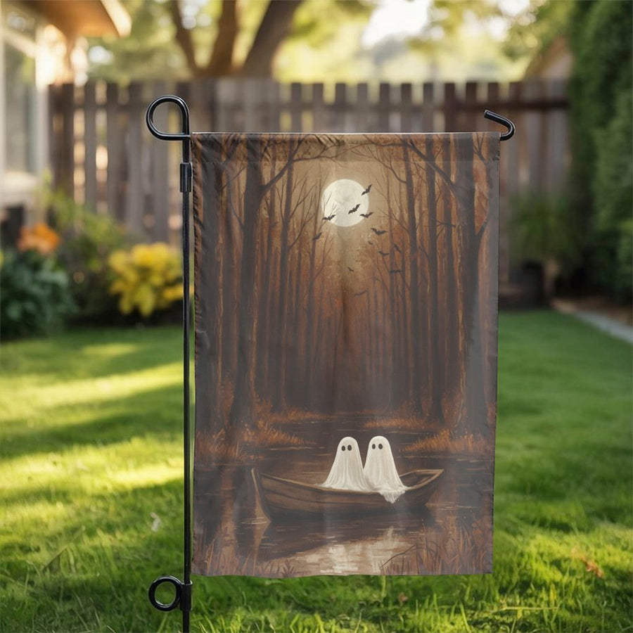 Halloween Ghost Garden Flag | Spooky Moonlit Forest Boat Design | Weather-Resistant Polyester | Outdoor Fall Yard Decor Gift