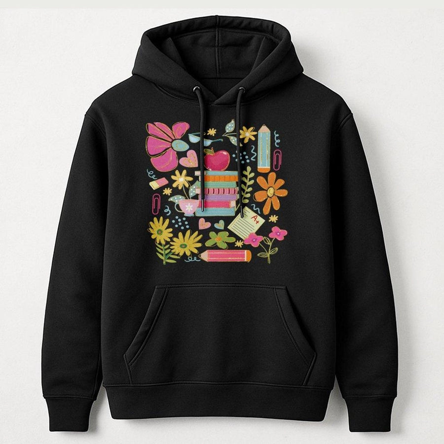 Boho Teacher Hoodie | Aesthetic Floral School Supplies Print | Premium Cotton Blend Sweatshirt | Cute Appreciation Gift for Educators