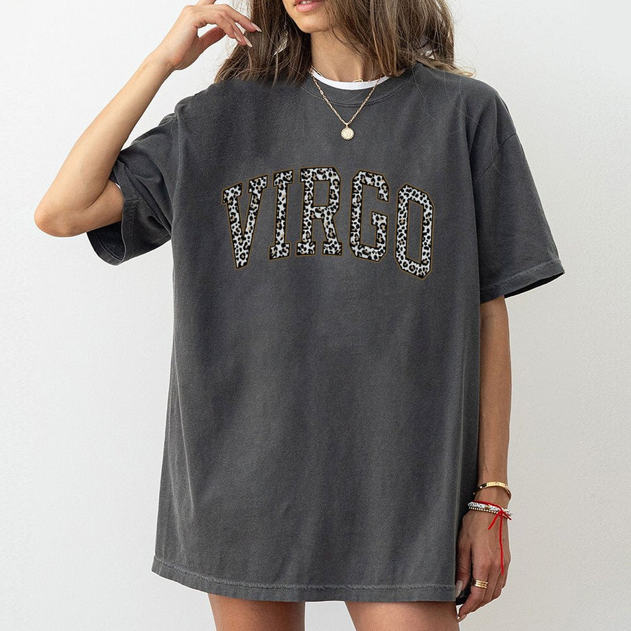 Virgo Zodiac T-Shirt | Leopard Print Varsity Lettering | 100% Cotton Premium Tee | Birthday Gift for Her and Astrology Lovers
