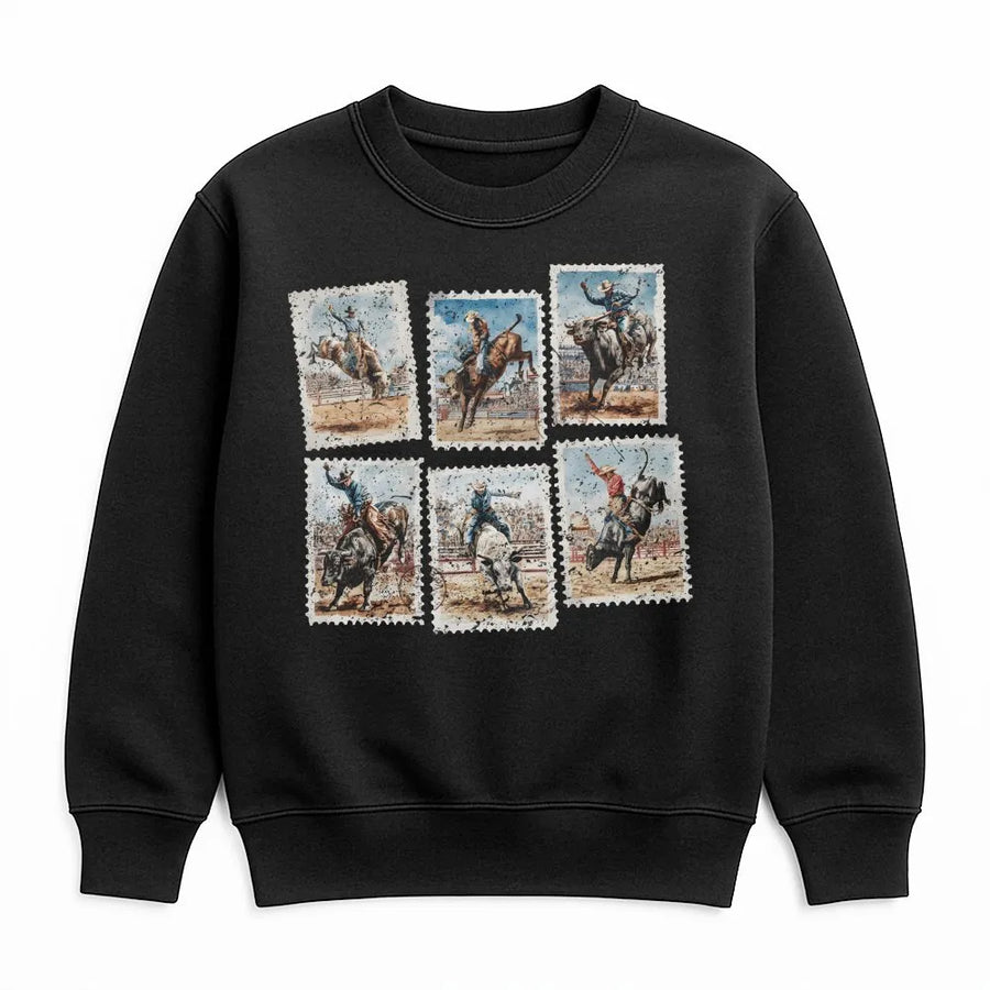 Rodeo Bull Riding Sweatshirt | Vintage Stamp Style Western Graphic | Premium Cotton Blend | Gift for Cowgirls and Cowboys