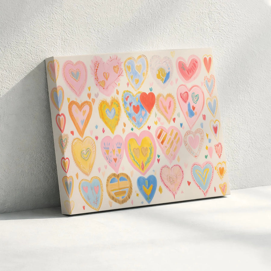 Whimsical Hearts Canvas Wall Art | Colorful Hand-Drawn Heart Pattern | Premium Gallery-Wrapped Print | Cute Bedroom Decor & Nursery Gift