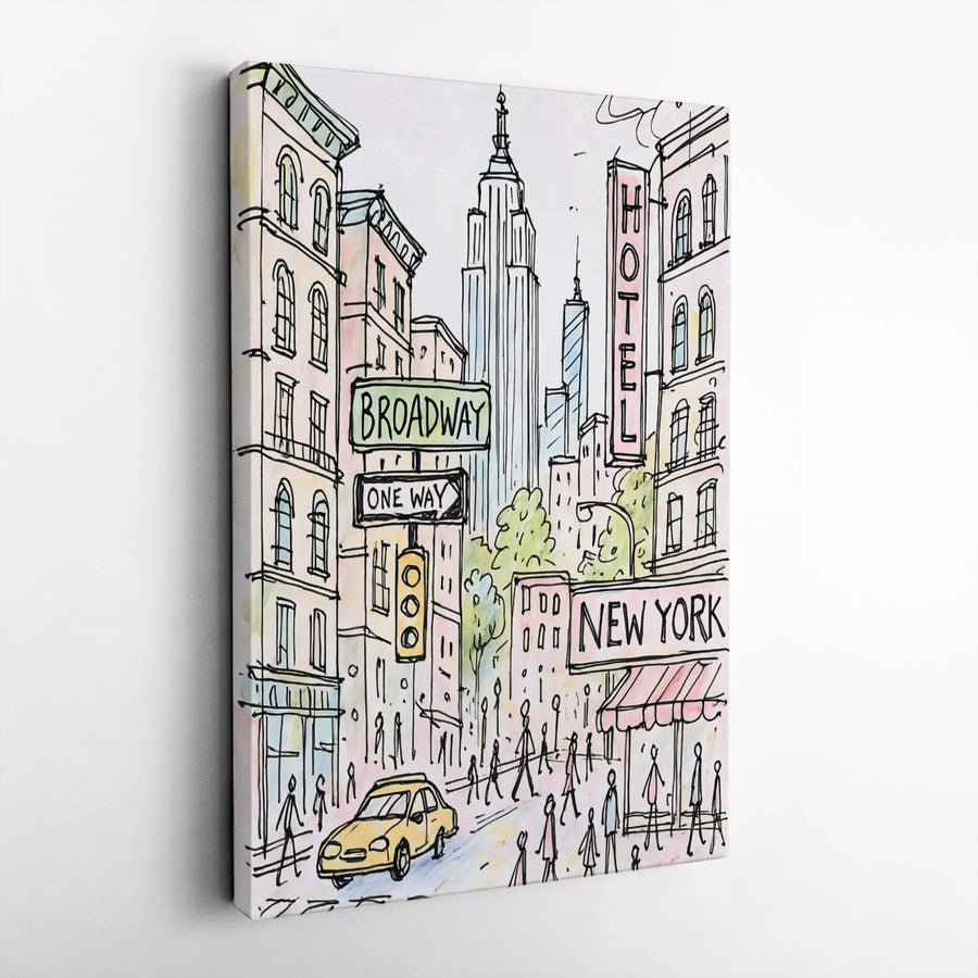 New York City Street Art Canvas | Watercolor Broadway Empire State Building Sketch | Premium Gallery-Wrapped Print | Travel Inspired Home Decor