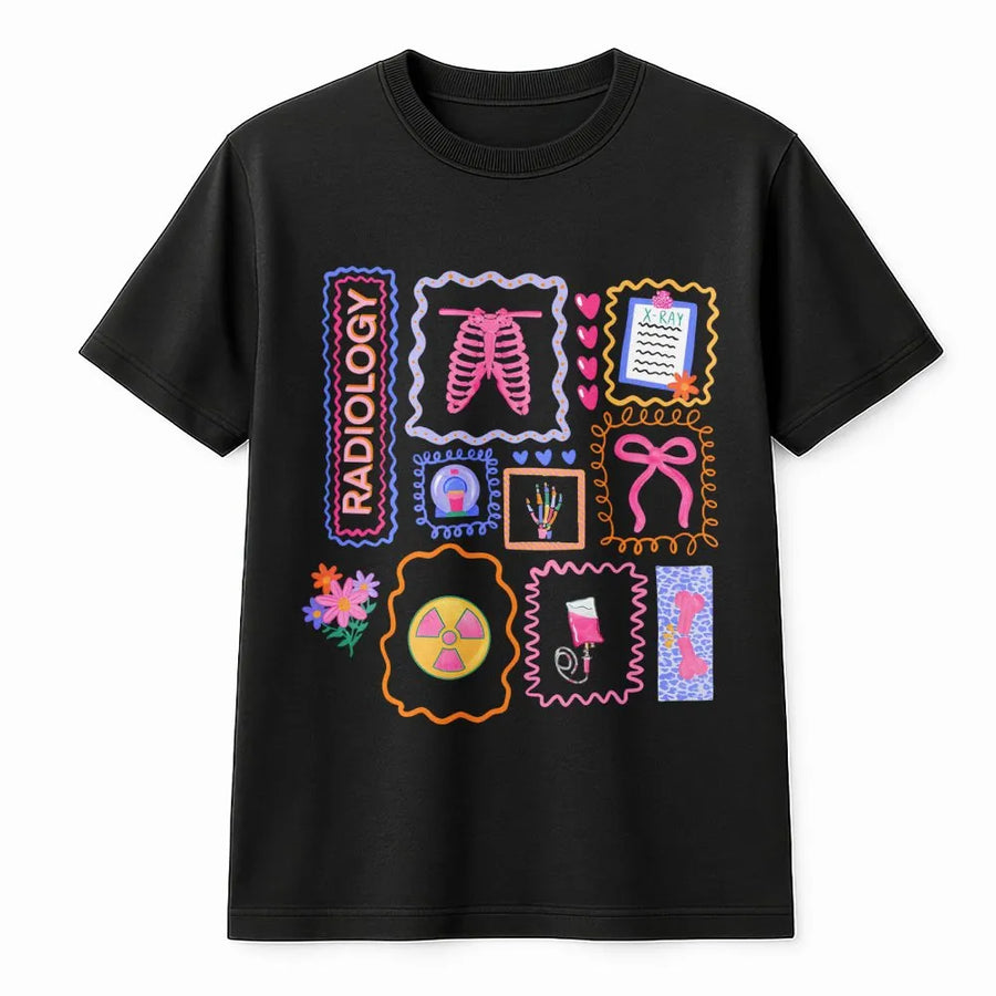 Radiology Tech T-Shirt | Cute Medical Icons Graphic Sweatshirt | Premium Cotton Blend | Gift for Rad Tech, Xray Technician Appreciation