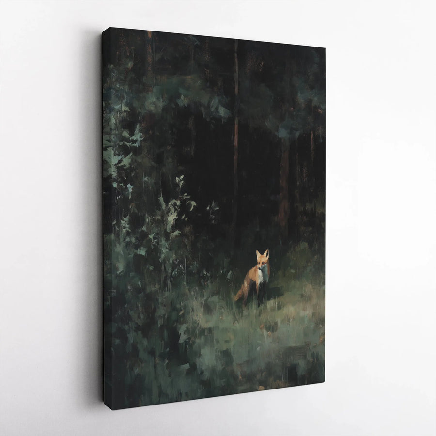 Red Fox Canvas Wall Art | Moody Forest Oil Painting Style | Premium Gallery Wrap | Nature Lover Home Decor Gift