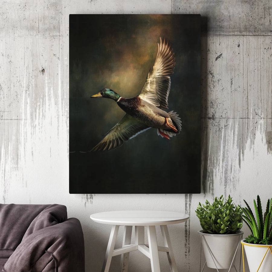 Mallard Duck Canvas Wall Art | Flying Bird Nature Portrait | Gallery Wrap Premium Print | Rustic Lodge Decor Gift for Hunters