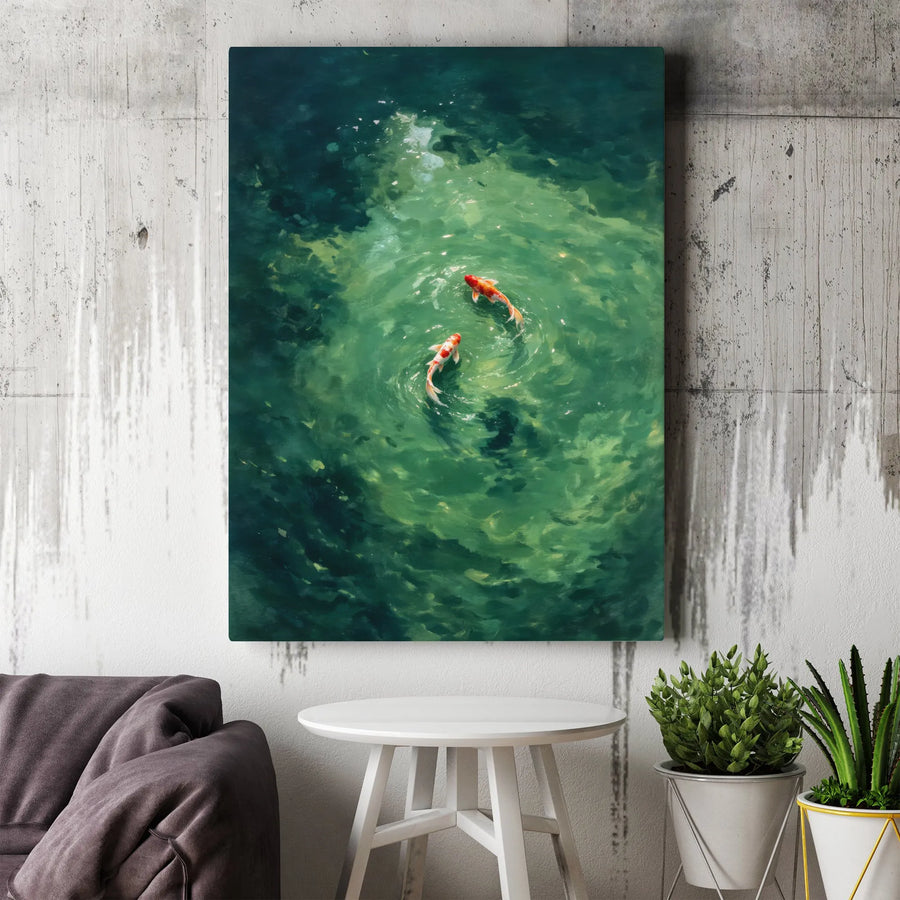 Koi Fish Canvas Wall Art | Two Koi Carp Painting in Emerald Pond | Premium Fade-Resistant Canvas Print | Japanese Zen Decor Gift for Home & Office