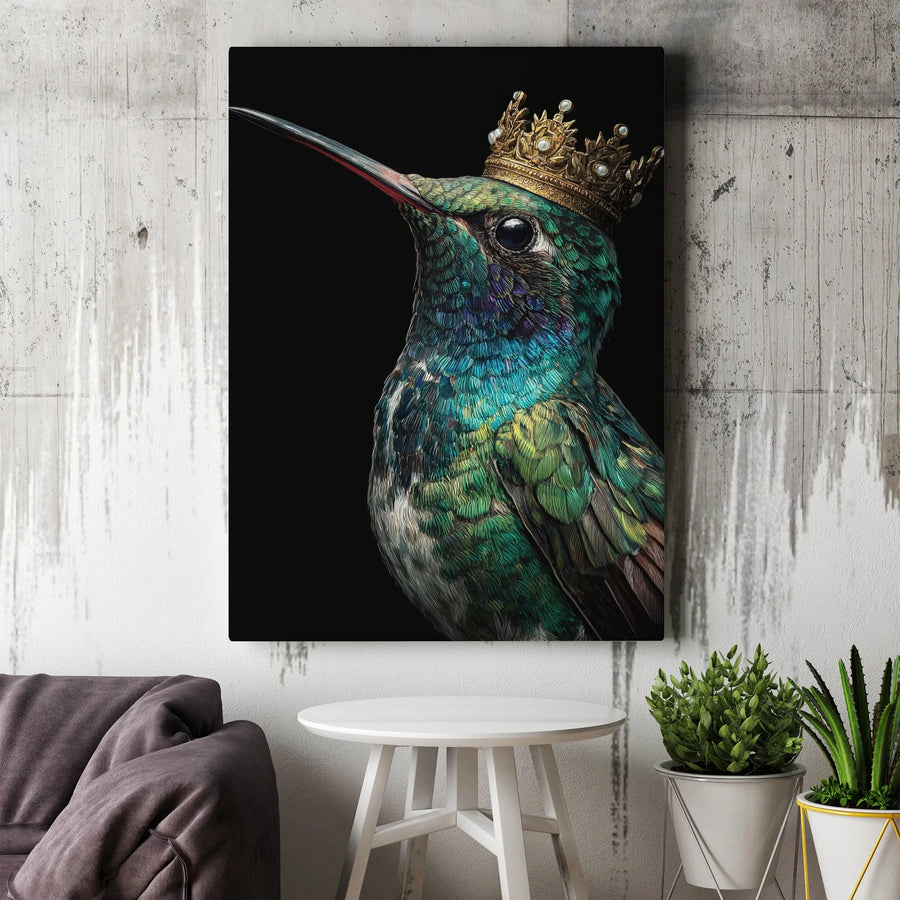 King Hummingbird Canvas Wall Art | Royal Bird With Gold Crown Portrait | Premium Gallery Wrap Print | Modern Decor For Nature Lovers
