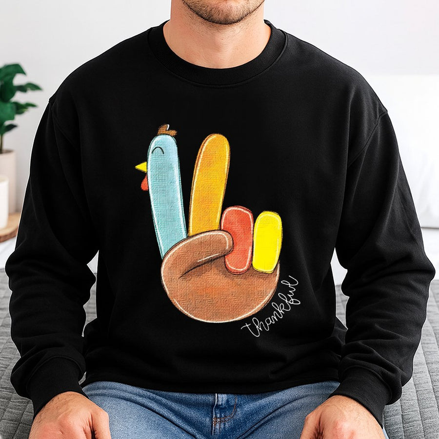 Peace Sign Turkey Sweatshirt | Funny Thanksgiving Graphic Pullover | Soft Cotton Blend Crewneck | Cute Fall Gift For Women And Men