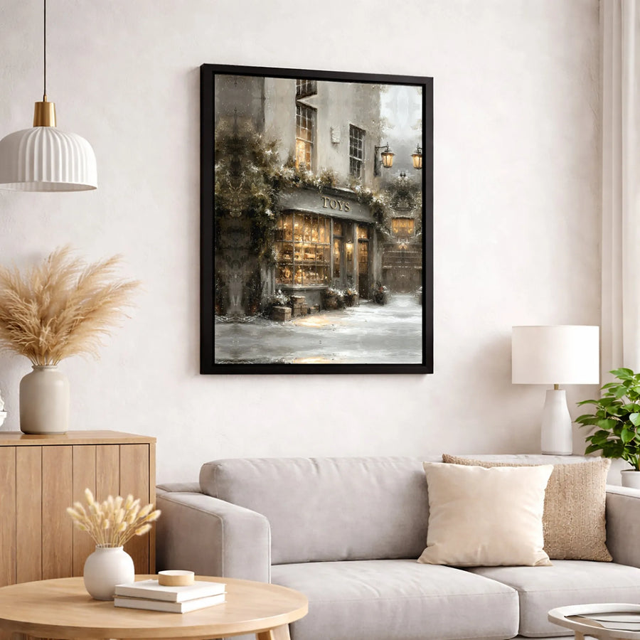 Snowy Toy Shop Canvas Wall Art | Vintage Christmas Village Decor | Premium Fade-Resistant Print | Cozy Holiday Home Gift