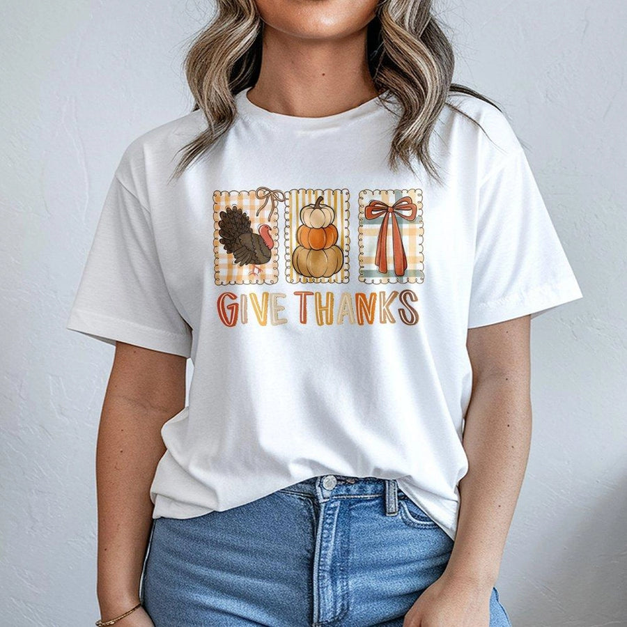 Give Thanks Thanksgiving T-Shirt | Whimsical Coquette Bow & Pumpkin Design | Premium 100% Cotton Tee | Cute Fall Graphic Shirt for Women